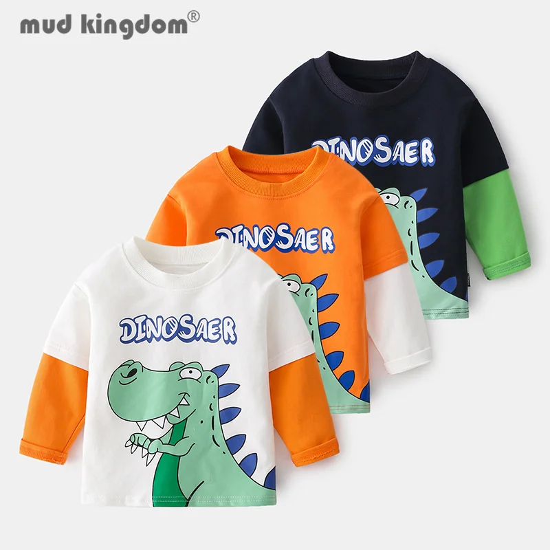 

Mudkingdom Little Boys T-Shirts Cartoons Dinosaur Patchwork Crew Neck Long Sleeve Casual Undershirts for Boy Spring Autumn Tops