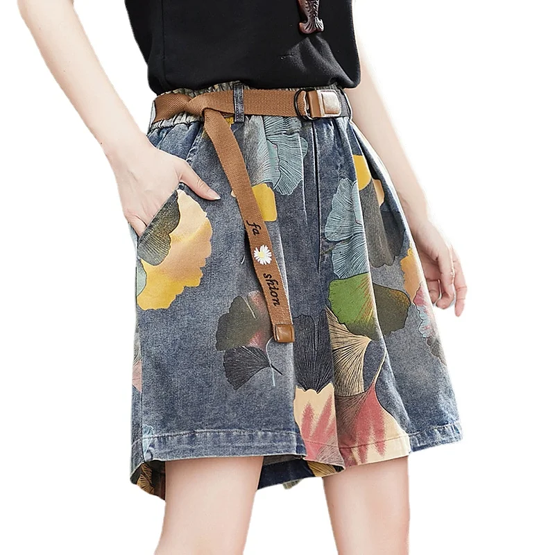 

2021 летние литературы-арт размера плюс из тонкого денима принт широкие шорты, кольца в виде пятиконечной женские брюки карман ремень дышащий...