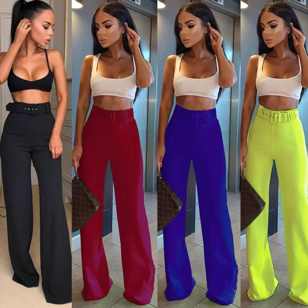 

Fashion Women Pants Office Lady High Waist Pants Wide Leg Pants with Sashes Solid Color Belt Casual Loose Long Trousers 4Colors