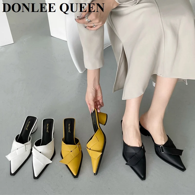 

2022 New Fashion Slippers Woman Mules Shoes Med Heels Pointed Toe Slide Sexy Ladies Shoes Female Party Office Shoe Zapatos Mujer