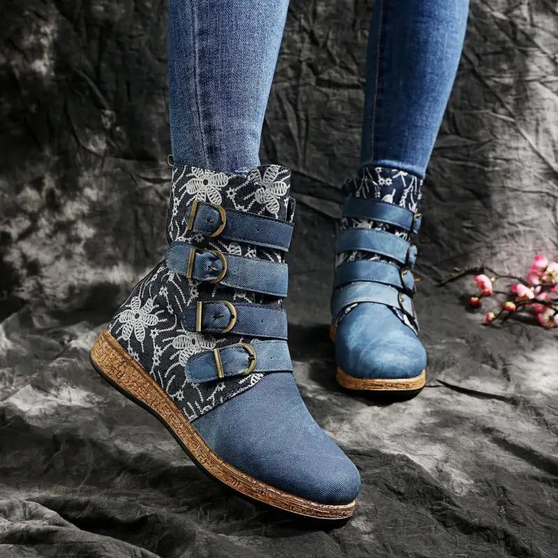 

2021new Splicing Riding Boots Fashion Calf Mid-tube Boots Platform Wedges Ethnic Style Short Boots Casual Winter Women Shoes