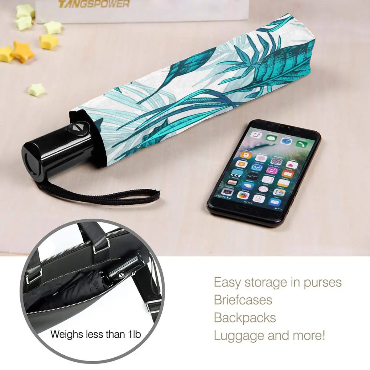 

Vintage Teal Leaves Windproof Automatic Folding Inverted Umbrella Portable Paraguas for Man Woman