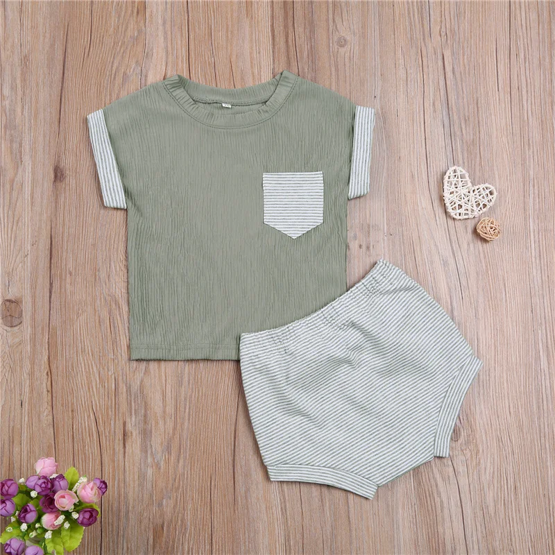 

Baby's Two Piece casual Set, Infant's Crew Neck Contrast Sleeves o-neck Shirt Elastic Waistband Shorts for Toddler vacation new