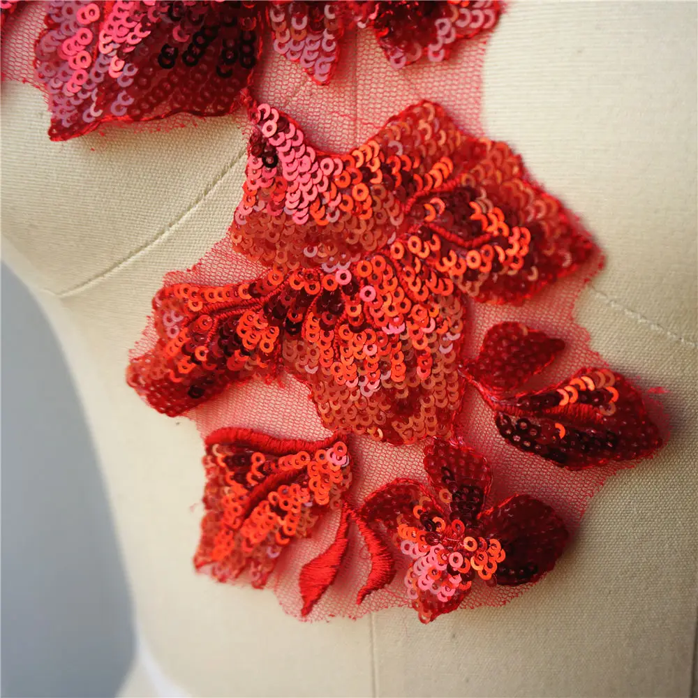 Красный цветок блесток кружева ткань воротник вышитое платье Аппликации сетки