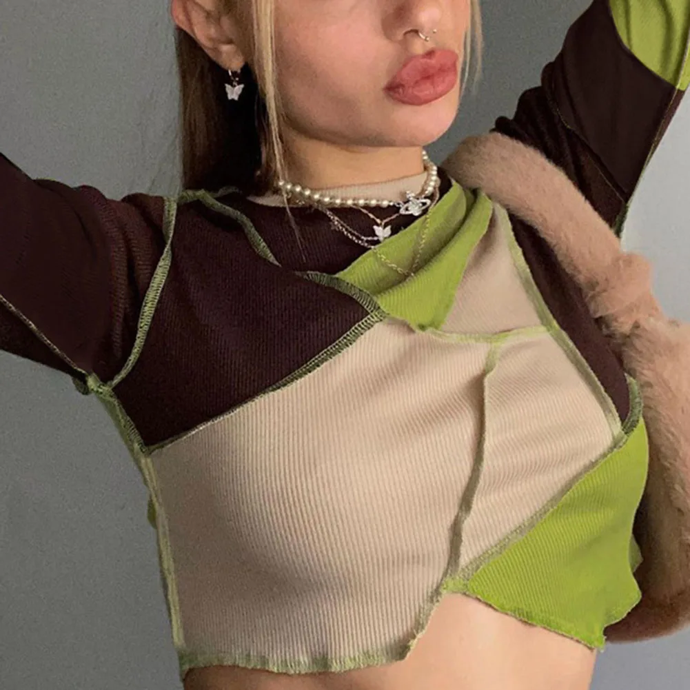 Женский укороченный топ в стиле пэчворк повседневная трикотажная футболка с