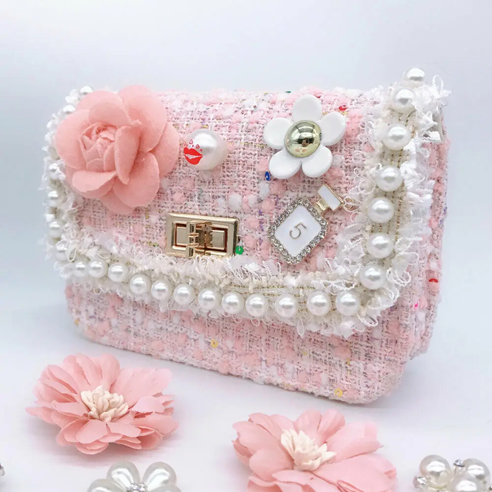 Маленькая милая шикарная Детская сумка через плечо с жемчугом и цветком сумочка