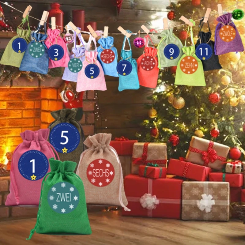 

2021 Colorful Christmas Advent Calendar 24 Days Hanging Drawstring Candy Bags with Stickers Handmade DIY Sacks Reusable