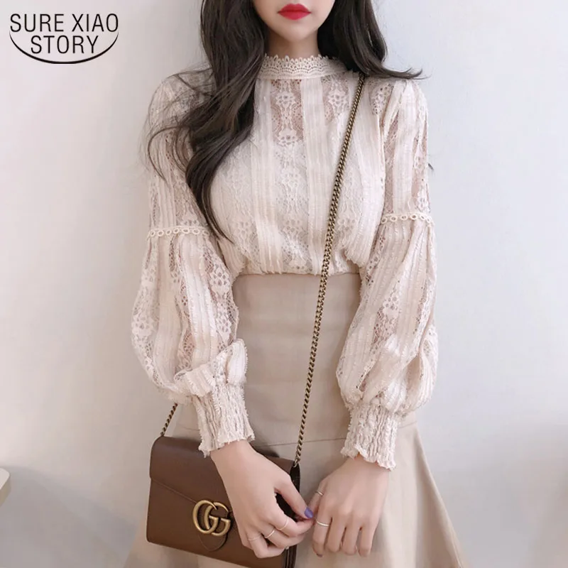 

2022 Autumn Sweet Pink Shirts Long Sleeve Lace Blouse for Women Vintage Spliced Solid Womens Clothing Blusas Mujer De Moda 6899