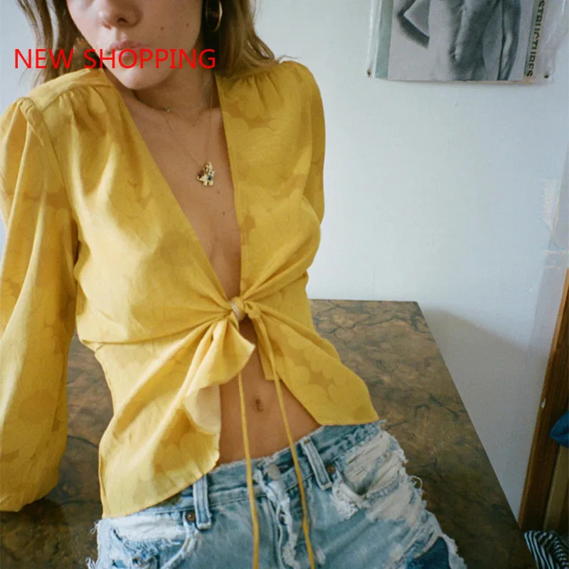 

Tie Dye Print Long Sleeve Crop Top Women Bandage Y2K Sexy Ruffles Blue V Neck 2021 New Summer Spring Casual T Shirts 90s Vintage