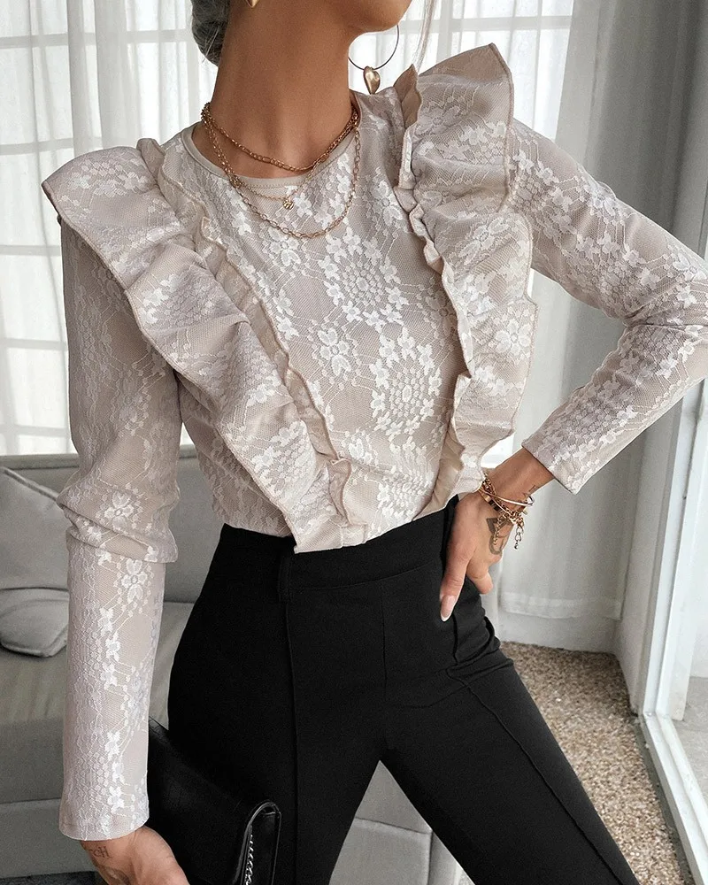 

Lace Ruffles Floral Pattern Cutout Back Top