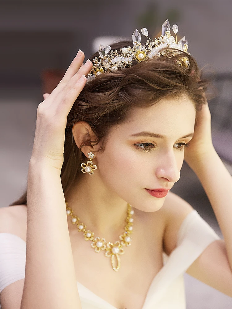 Свадебная Женская жемчужная Хрустальная корона Золотая головка для нанесения