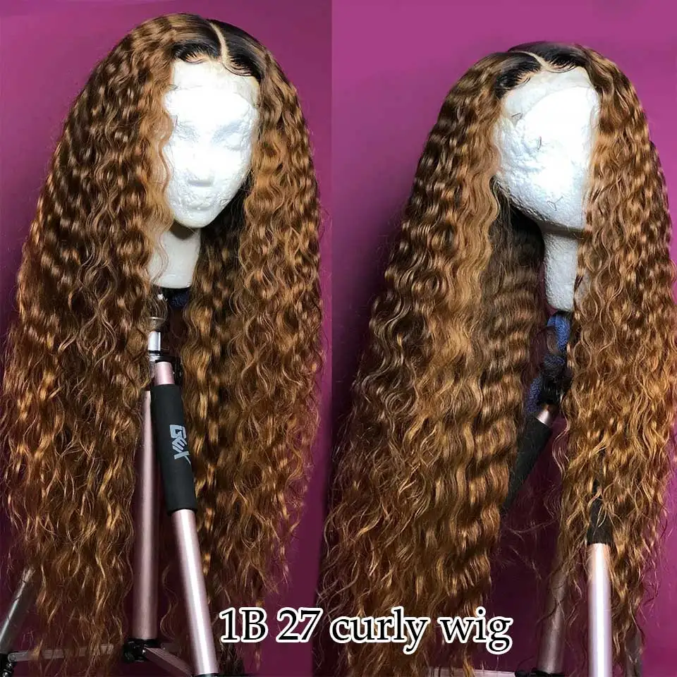 1B27 Color Wig 13x6 150% эффектом деграде(переход от темного к Мёд блондинка красный бордовый Цвет Синтетические волосы на кружеве вьющиеся парики из натуральных волос для черный Для женщин предварительно вырезанные бразильские Волосы remy - Цвет: 1B27 Color Wig