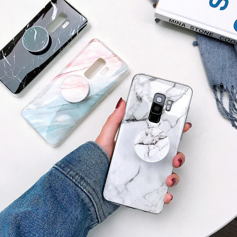 Glossy IMD Marble Case with Foldable Holder for Samsung S10 S9 plus S8 Edege S7 edge TPU Cover Galaxy Note 8 9 |