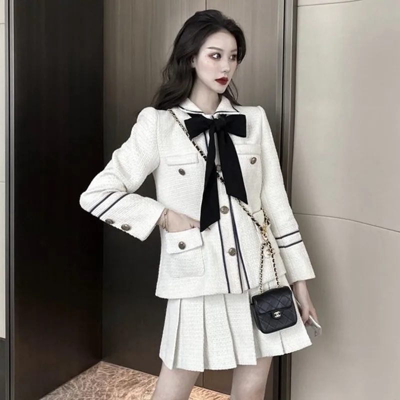 

2121 autumn and winter first love fashion small fragrance suit women's bow tweed coat two piece pleated skirt