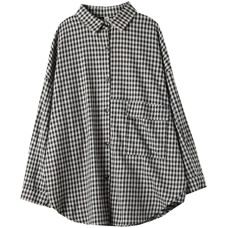 

SuperAen 2021 Spring New Plaid Turn Down Collar Loose Full Plus Size Loose Casual Shirt Women
