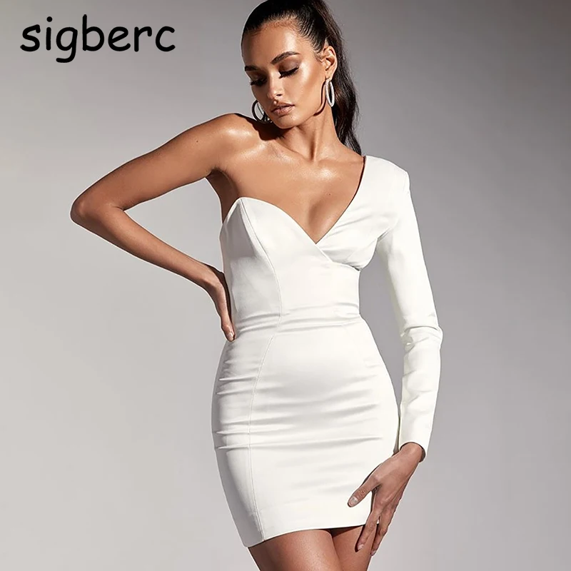 Sigberc Бесплатная доставка белое платье с одним рукавом женское косым плечом v