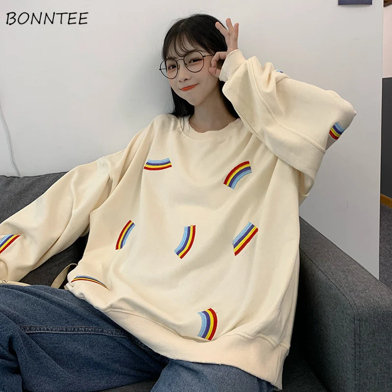 

Hoodies Women O-Neck Loose Long Sleeve Rainbow Embroidery Oversize Streetwear Womens Korean Style Trendy Fashion Pullovers Daily