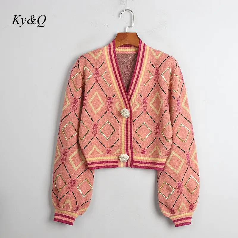 Женский кардиган с блестками Свободный вязаный в ретро-стиле V-образным вырезом и