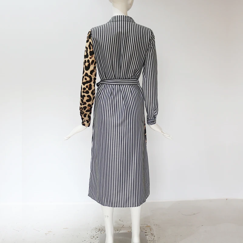 

Ladies Long Sleeve Shirt Dress Leopard Patchwork Long Party Dress Women Casual Striped Turn Down Collar Office Dresses Vestidos