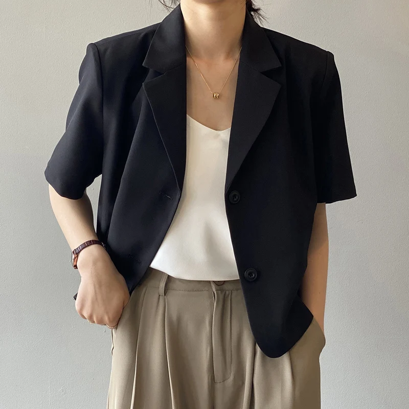 

Blazer Women Retros Summer Fashion Design Short Sleeve Vintage Single Breasted 2021 Colors Office Lady All-match Chic OL Casual