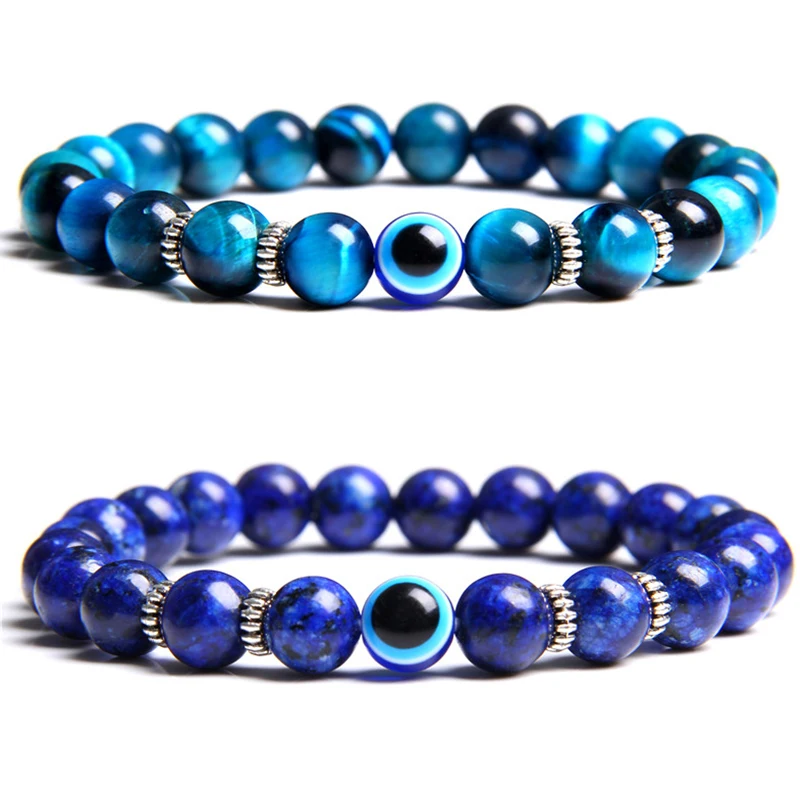 

Trendy Men Bracelet Natural Stone Blue lapis lazuli Tiger Eye Beads Bracelet Fashion Blue Evil Eye Charm Bracelet Jewelry Homme