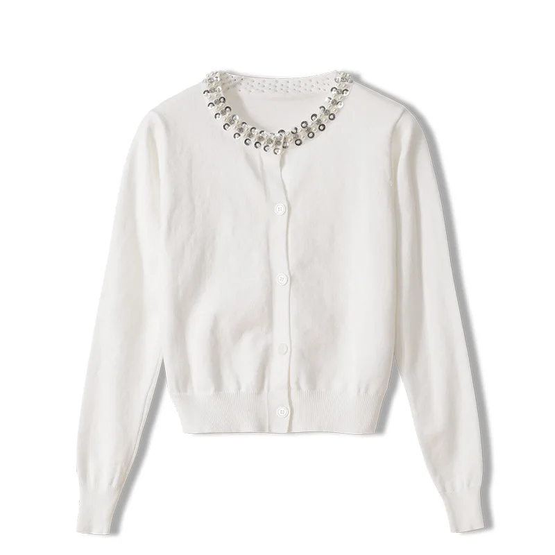 

High Quality Pearl Rhinestone Sequined O-Neck Women White Kintted Cardigans Crop Sweater Coat Tops Short Knitting Female Jumpers