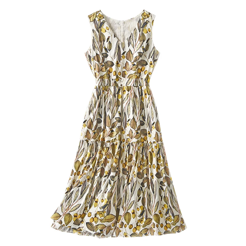 

Shuchan Vestidos De Mujer Bohemian 100% COTTON Dress for Women Back Hollow Out V-Neck Mid-Calf Sleeveless Print Summer