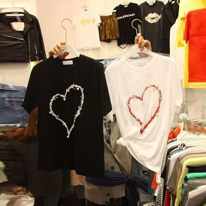 Футболка женская с бисером и принтом свободная Однотонная футболка в Корейском