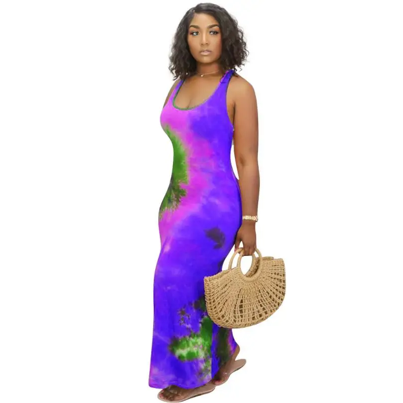 

2021 Tie Dye Long Dresses Women Summer Fashion Pullover Sleeveless Plus Size Causal Round Neck A-Line Skirt Street Wear Dress