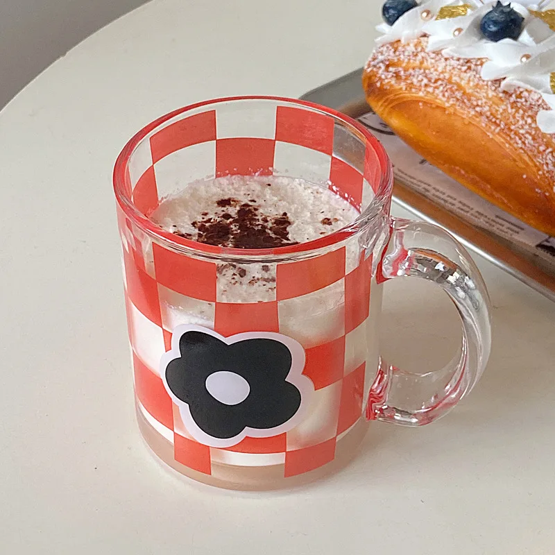 

Korean ins Checkerboard Glass Cup Girl Heart Coffee Mug Milk Juice Cold Cup Breakfast Cup Student Water Cup Glass Mug