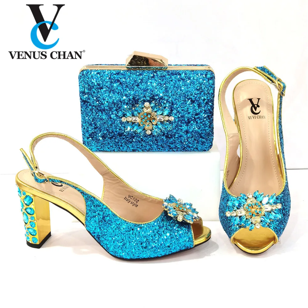 

African Fashion 2021 Hot Sellingl Italian Design Sky Blue Color Party Elegant Ladies Shoes and BagS Set Decorated With Flower
