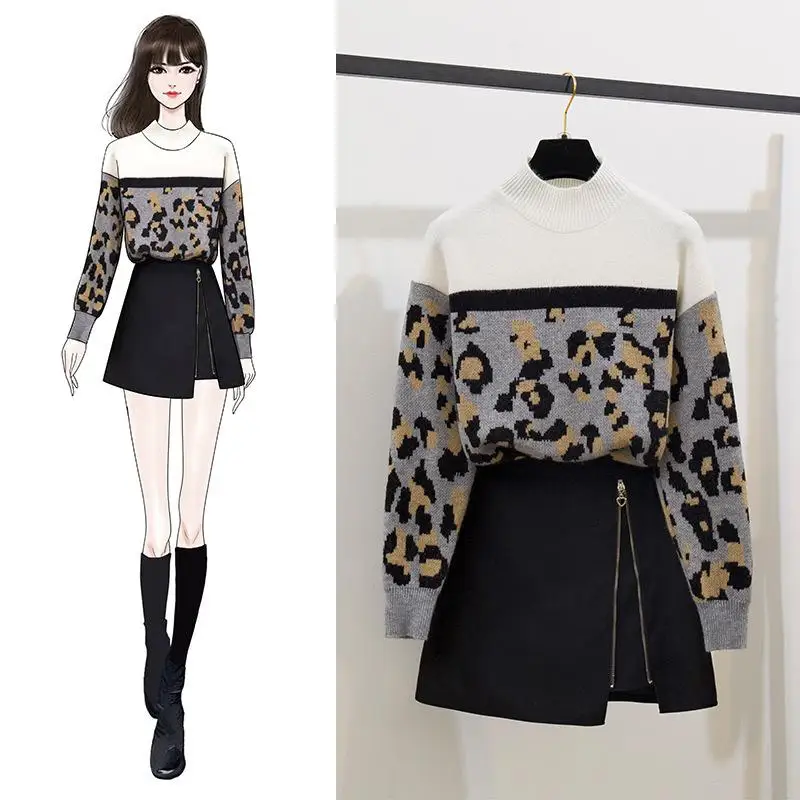 ICHOIX комплект юбки и свитера с леопардовым принтом корейский стиль Женский из