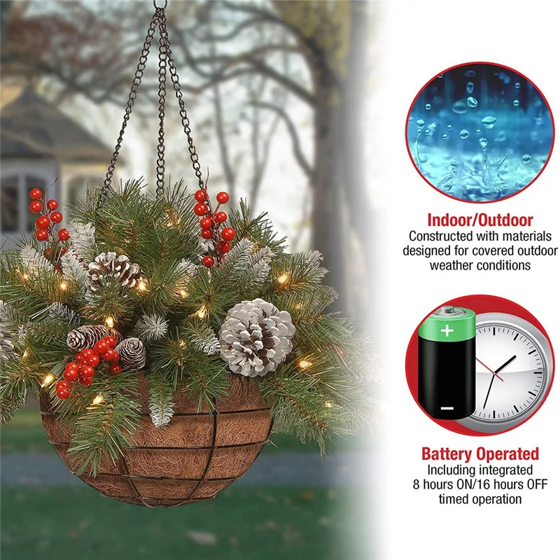 Cesta colgante de Navidad Artificial, flocada, con decoraciones mezcladas y LED blanco-2