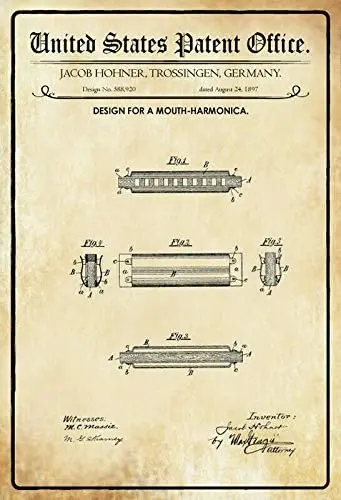 

Us Patent Harmonica Mouth 1897 Sign Metal Tin 8" X 12" Inch Wall Art Signs