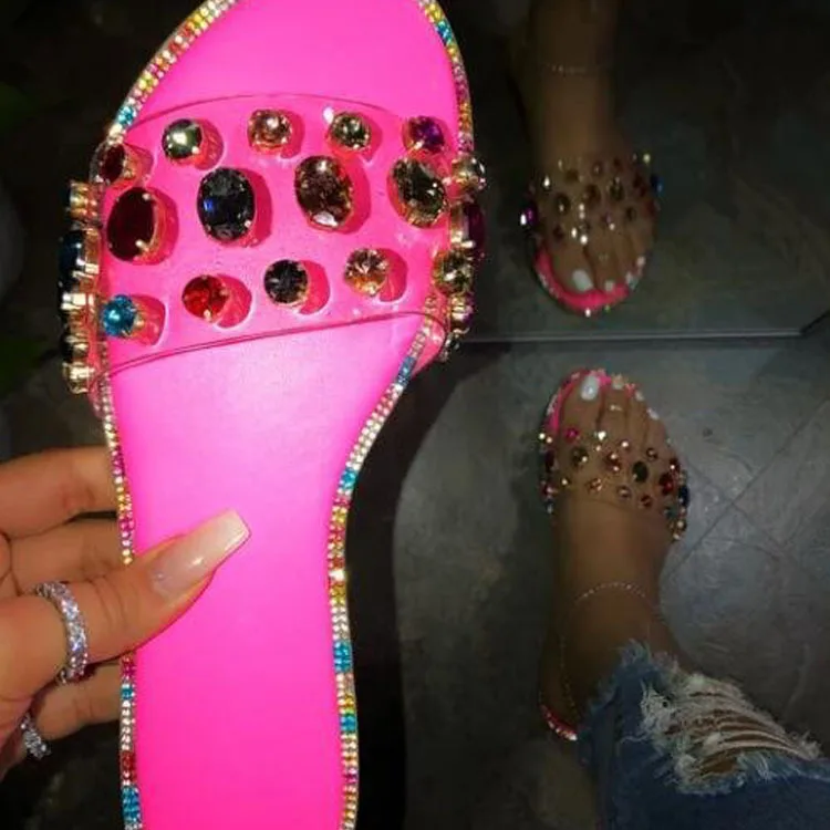 

Fashion Women's Shoes Summer New Precious Stones Crystal Flat Sandals Female Color Sandals Sandals Outdoor Zapatillas De Mujer