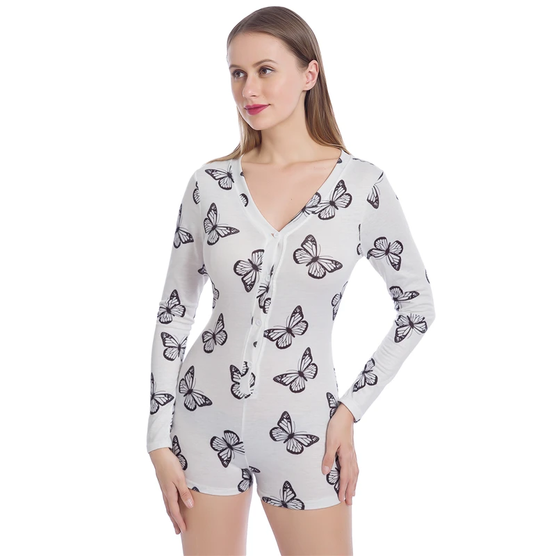 

Spring Autumn Casual Women Playsuits Flamingo Butterfly Jumpsuit Sexy Ladies Bodysuit Long Sleeve V-neck Home Women Bodycon