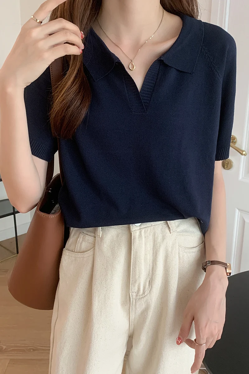 

2021 summer new Polo knit short-sleeved women's V-neck versatile top