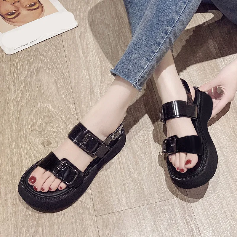 

Female Sandal Clogs With Heel Flat Summer Shoes Woman Med Muffins shoe Girls Thick Without Beige Comfort Medium Fashion Beach 20