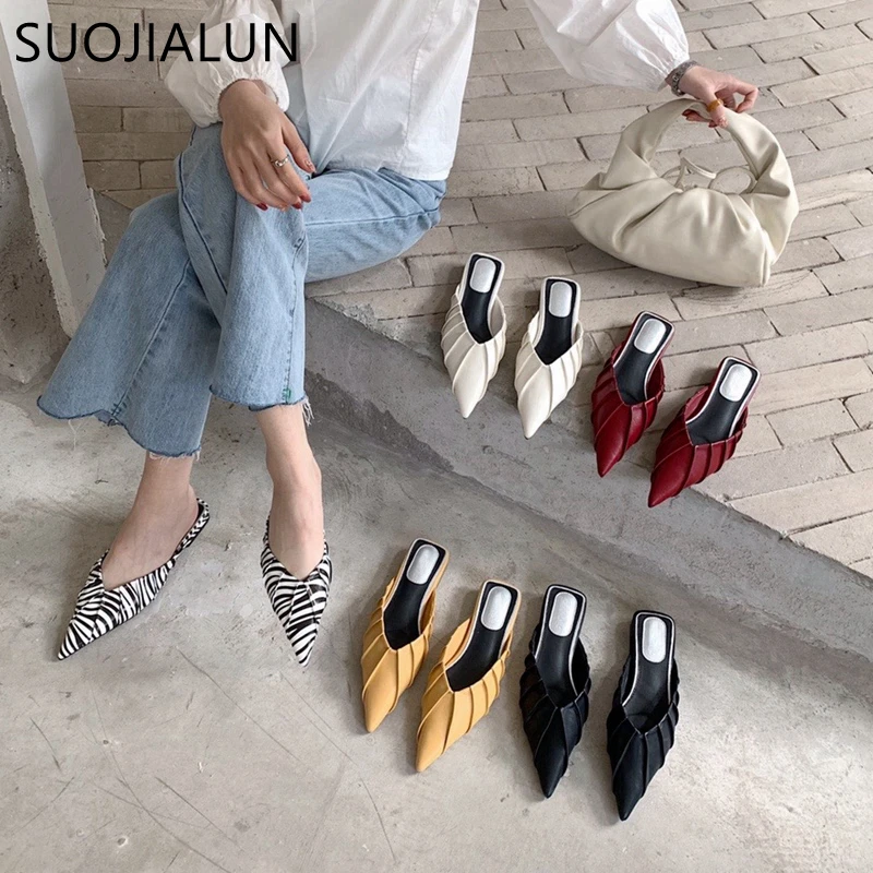 

SUOJIALUN New Brand Women Slippers Fashion Shallow Pointed Toe Slip On Ladies Mules Shoes Zebra Pattern Flat Heel Outdoor Slides