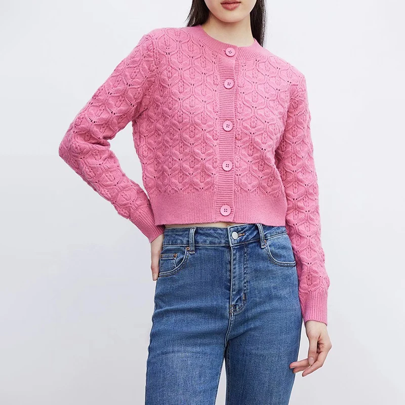 

Женский вязаный кардиган с длинным рукавом, Розовый однобортный короткий кардиган с круглым вырезом в винтажном стиле, верхняя одежда, BB4550, ...
