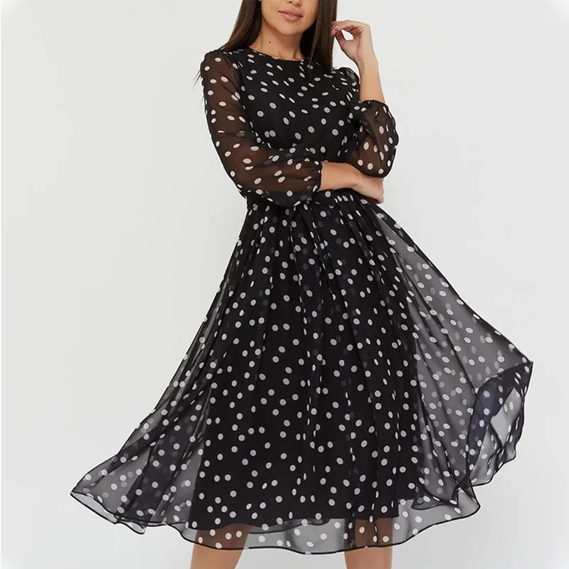

Elegant Polka Dot Printed Long Sleeve Spring Ladies Dress Winter Casual O-neck Chiffon A Dress Retro Party 2021