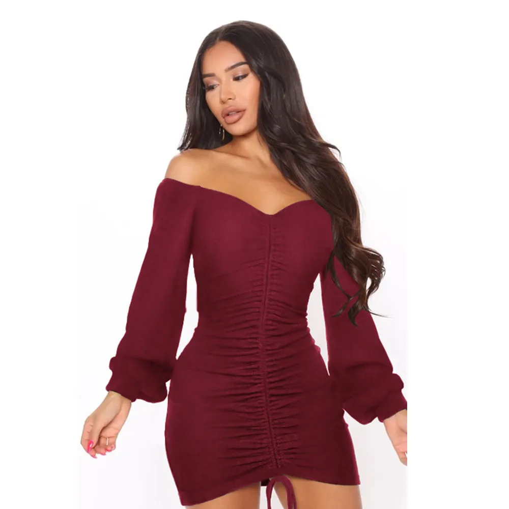 

2022 New Package Hip Solid Color Long Sleeve Dress Elegant Women Rucehd Drawstring Mini Party Dresses Autumn Slim Bandage Robe