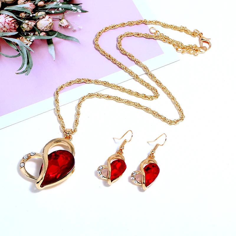

Fashion 4Colors Heart Pendant Earring Necklace Jewelry Set Rhinestones For Women Wedding Party Bridal Jewelry Gifts