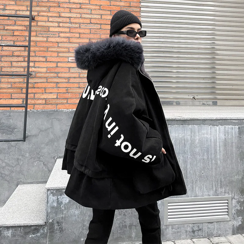 

2021 Pai Overcome Women's Autumn and Winter New Large-size Mid-length Fur Collar Plus Velvet Thick All-match Cotton Jacket