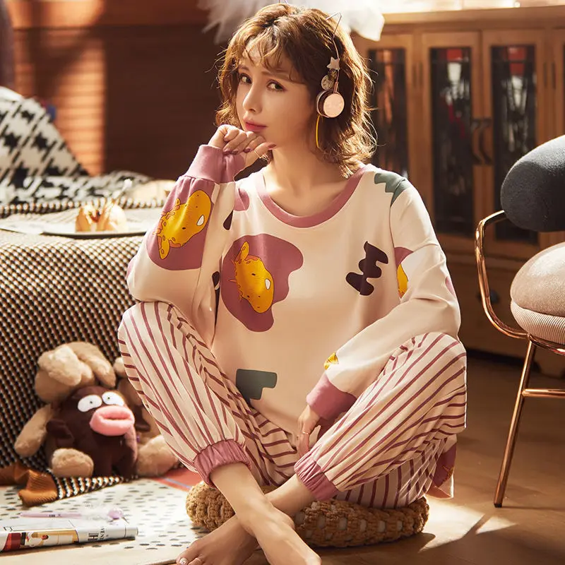 Ins Cotton Pajamas Female Students Korean Version of Long-sleeved Loungewear Can Be Worn Outside Cute Suit Spring and Autumn