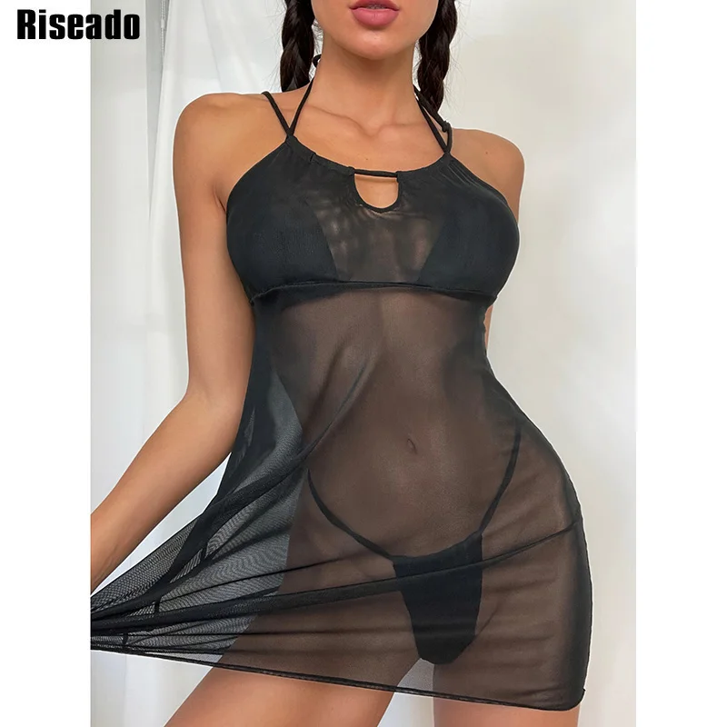 

Riseado Ribbed Sexy Bikinis Set Black Swimsuits High Cut Swimwear Women 2021 Mesh Beach Cover Up Halter Micro Biquini Thongs New