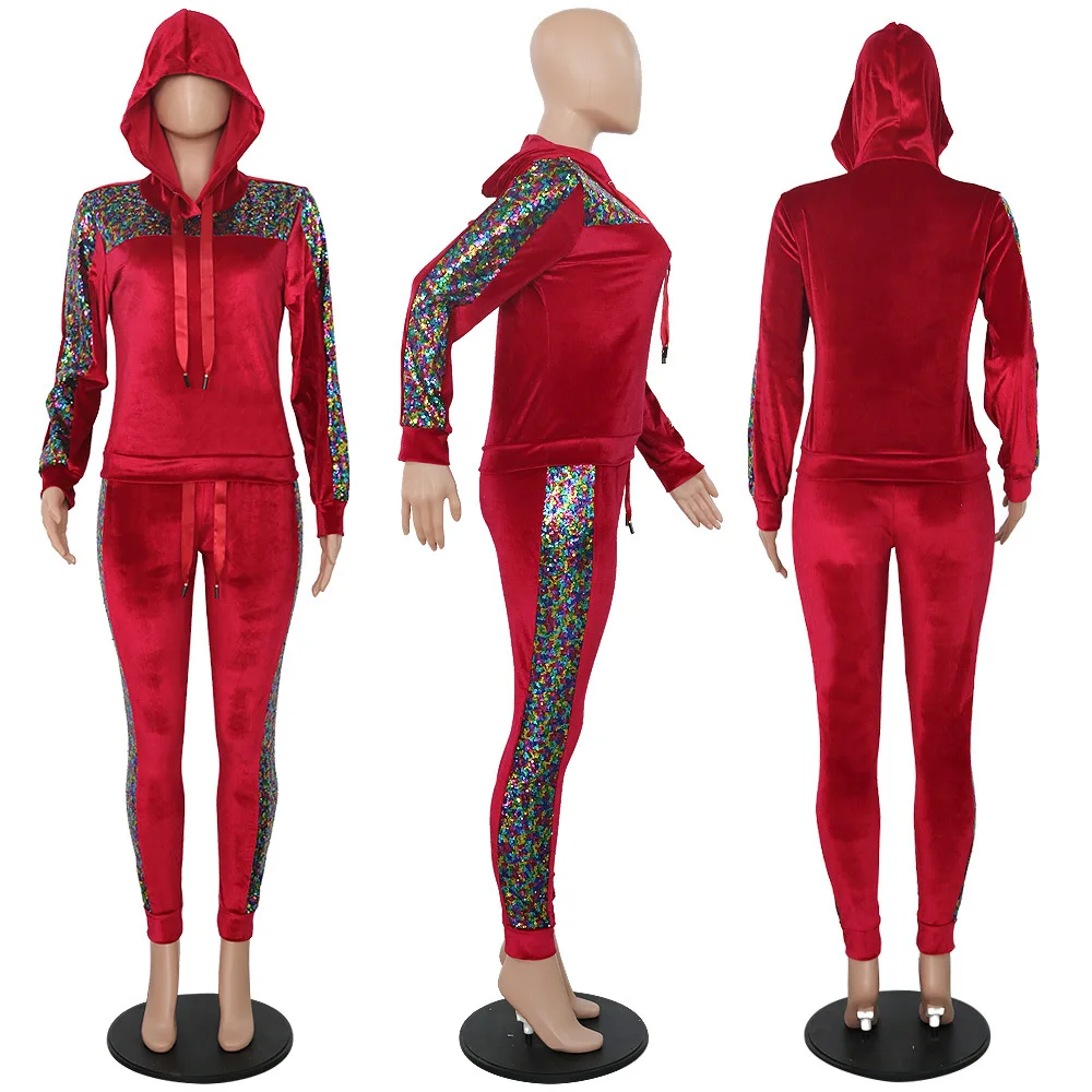 Женский Бархатный спортивный костюм с блестками Adogirl толстовка капюшоном и