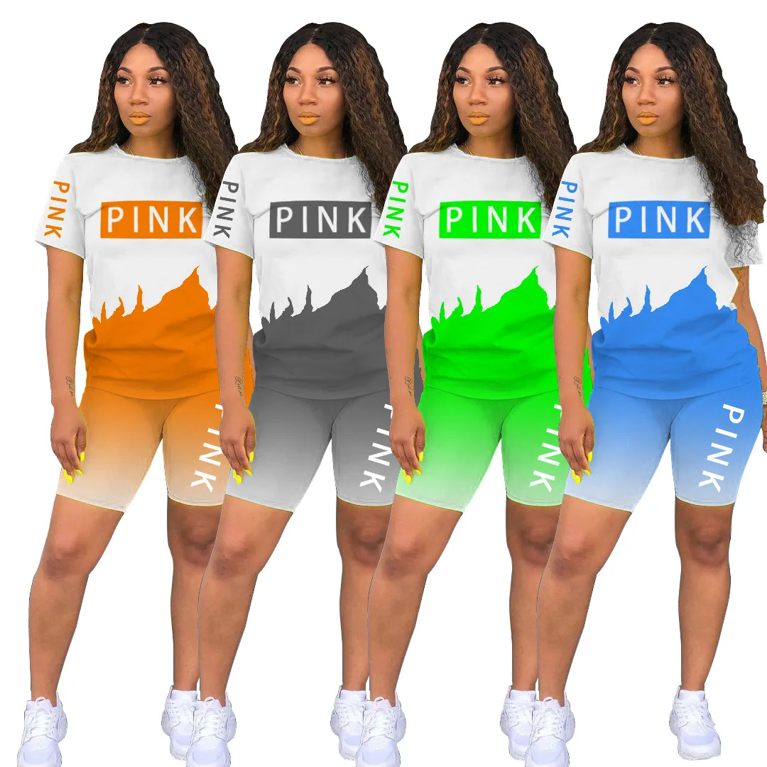 

Летний женский повседневный костюм, футболка с цветным принтом и коротким рукавом, с круглым вырезом и облегающие шорты, спортивный комплек...