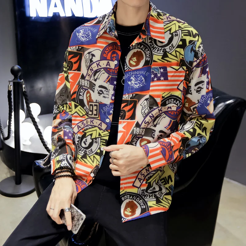 Мужская винтажная рубашка свободная дизайнерская с геометрическим принтом