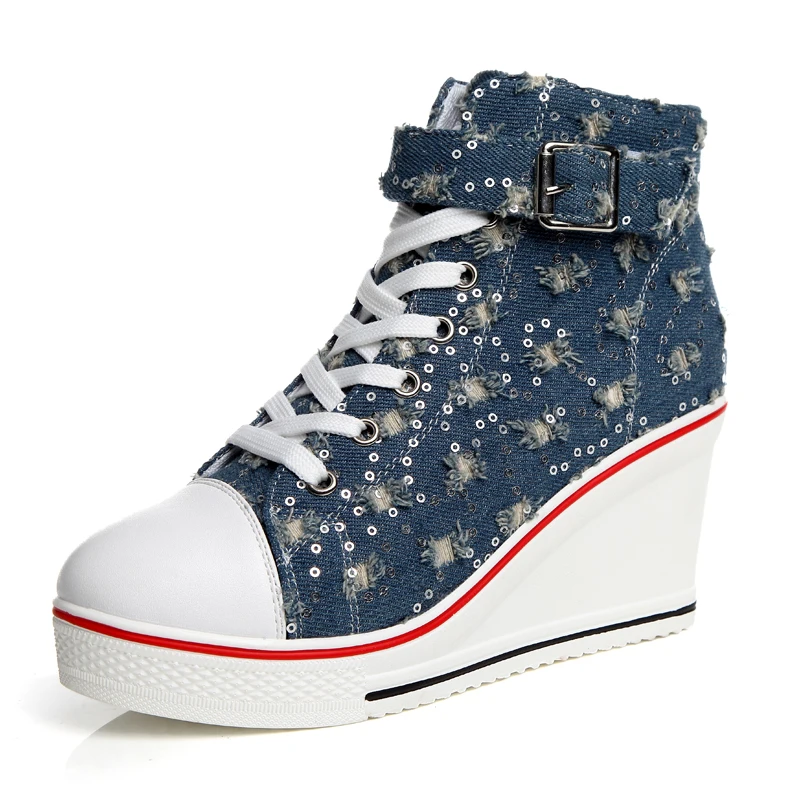 Sequins Canvas Shoes Г., женская повседневная обувь леопардовые эспадрильи, увеличивающие рост кроссовки на платформе, обувь на высокой танкетке женская обувь на платформе с пряжкой - Цвет: Sequins Canvas Shoes